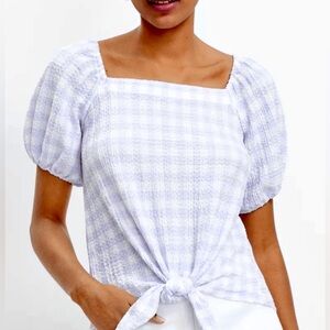 LOFT Gingham Square Neck Lilac Puff Sleeve Tie Front Blouse